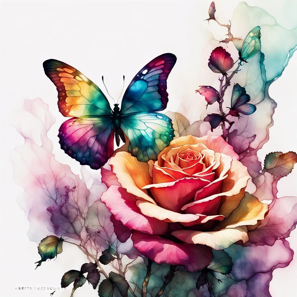 Iridescent Butterflies on Rose Bush in Watercolor Style