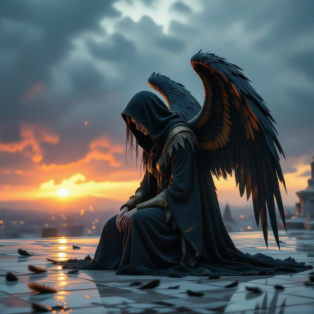 Fallen Angel Kneeling on Shattered Marble