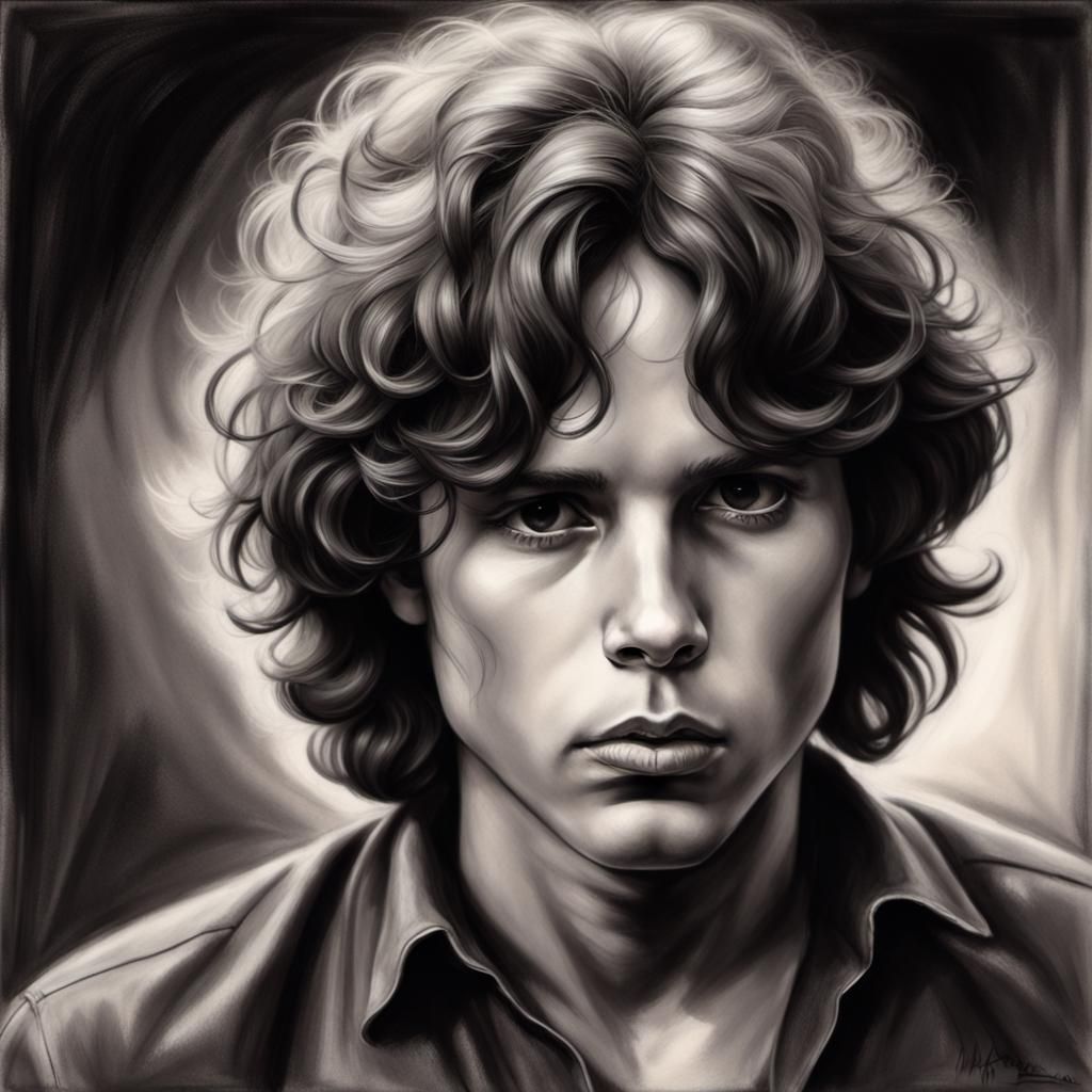 Jim Morrison Charcoal Portrait with Intense Expression