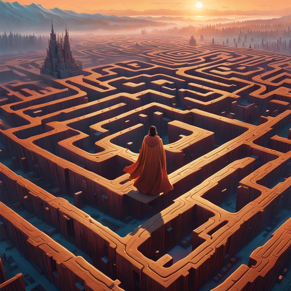 Woman Navigates Colossal Maze: Hyper-Realistic Digital Art