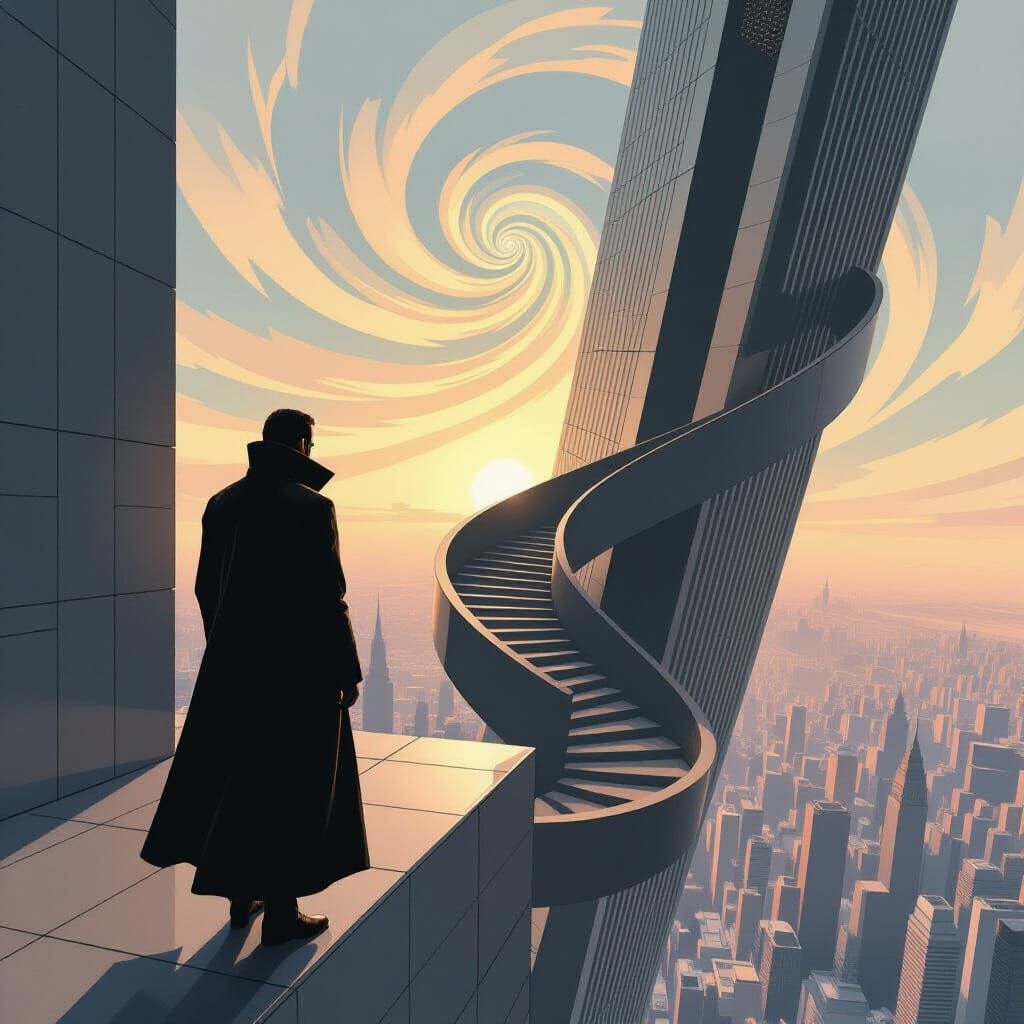 Futuristic Figure Gazing from Skyscraper in Escher Style