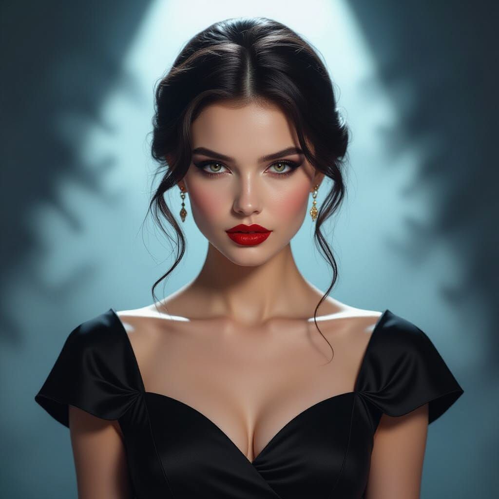 a young woman in a black dress stands dramatically against a...