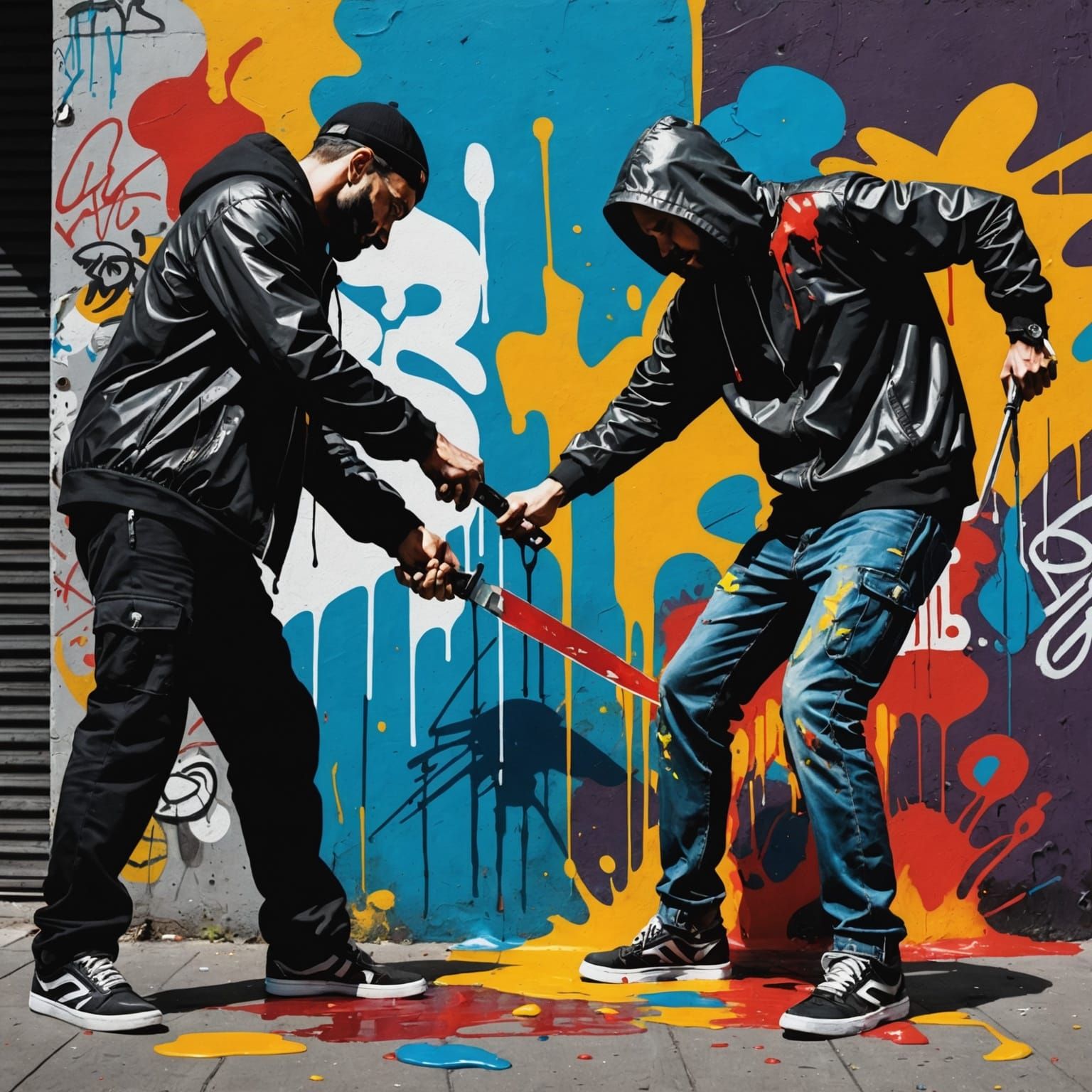 Stabbing Scene in Graffiti Splash Art Style