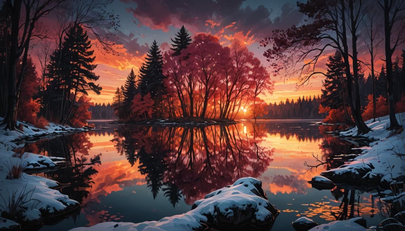 Serene Lake Reflects a Dreamlike Red Sunset