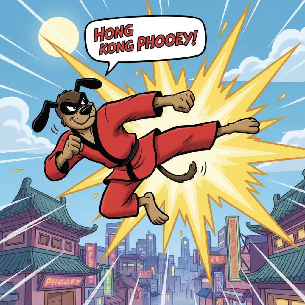 Hong Kong Phooey Mid-Air Karate Kick in Cartoon Style