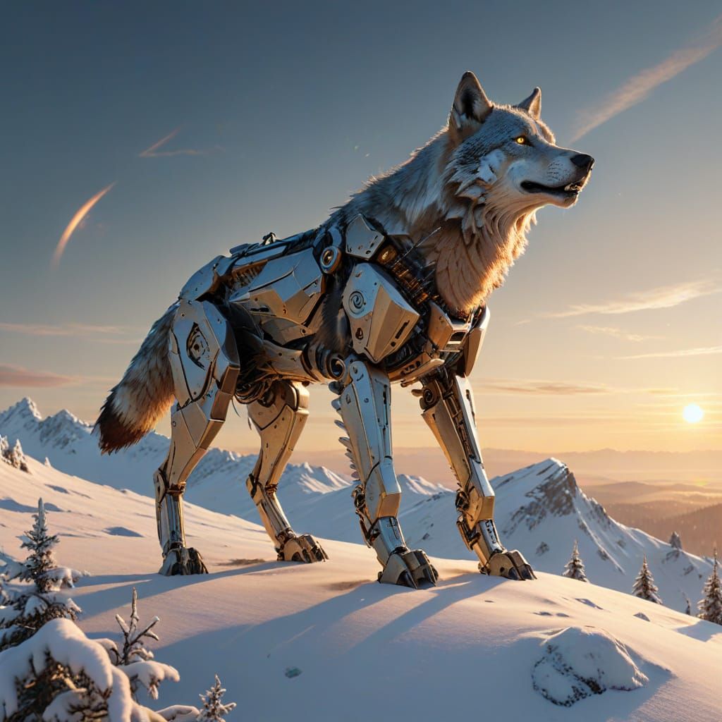 Hyperrealistic Robotic Timber Wolf Howling at Sunrise