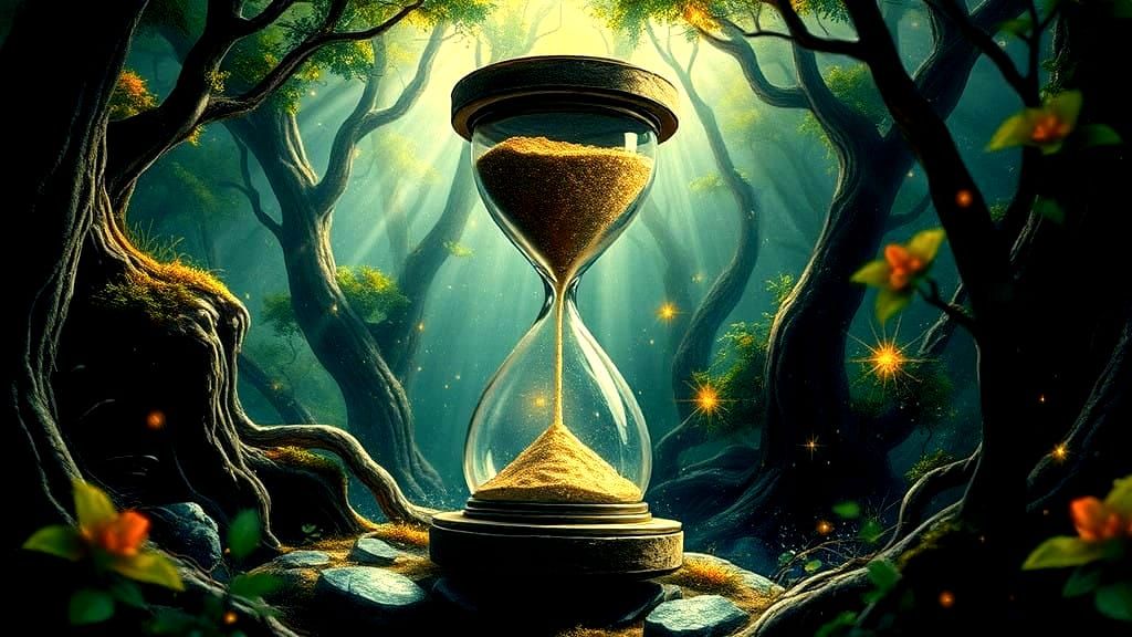 Surreal Hourglass in Lush Forest, Watercolor-Inspired Master...