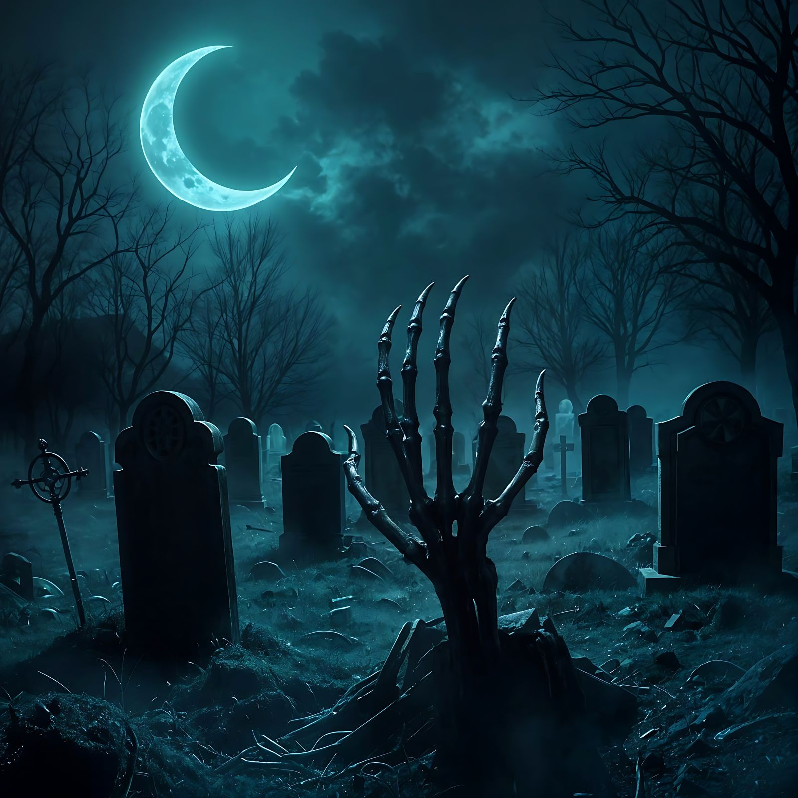 Eerie Graveyard Scene Under Crescent Moon