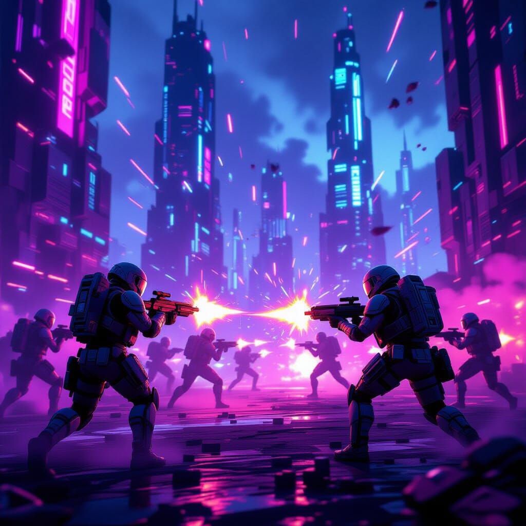 Futuristic Soldiers in Neon Cyberpunk Battlefield