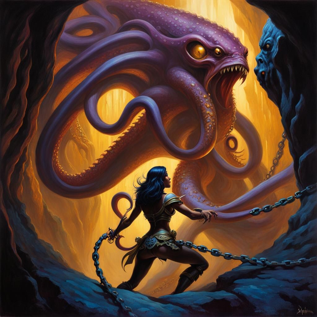 Battle Maiden vs Alien Octopus in Eerie Cave