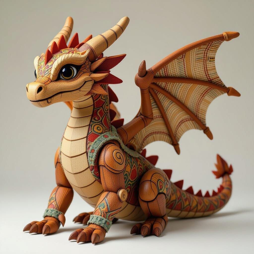 Wooden and Cloth Dragon Wyrmling, Whimsical Style
