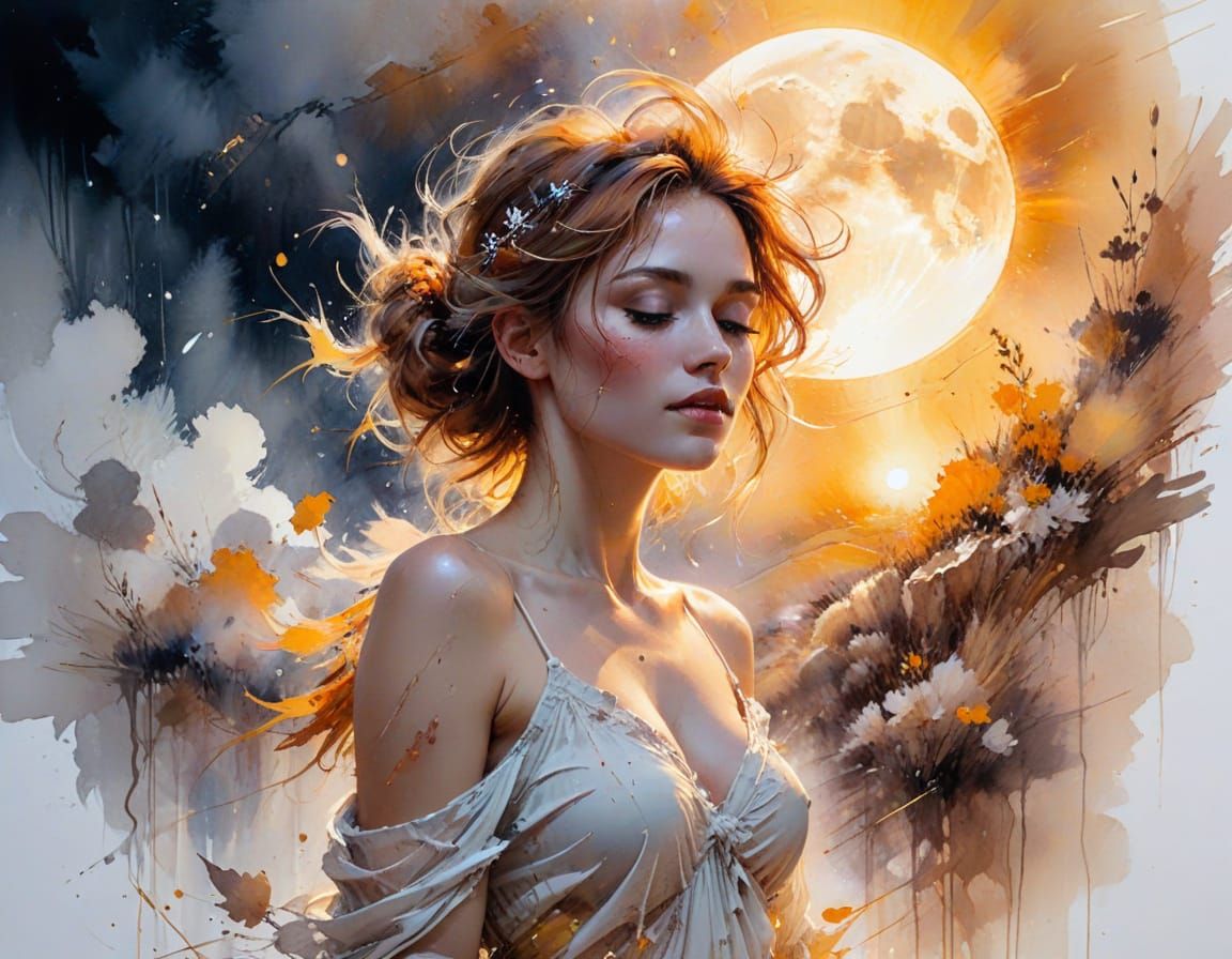 Sunset Backlit by Moon in Watercolor Style