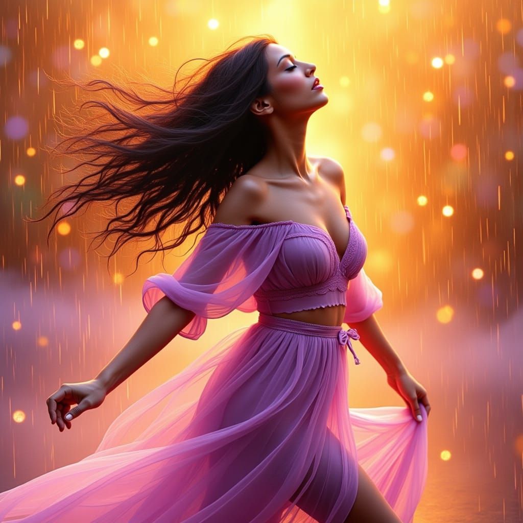 1 darkhaired  woman dancing in the summer rain,  Hippie boho