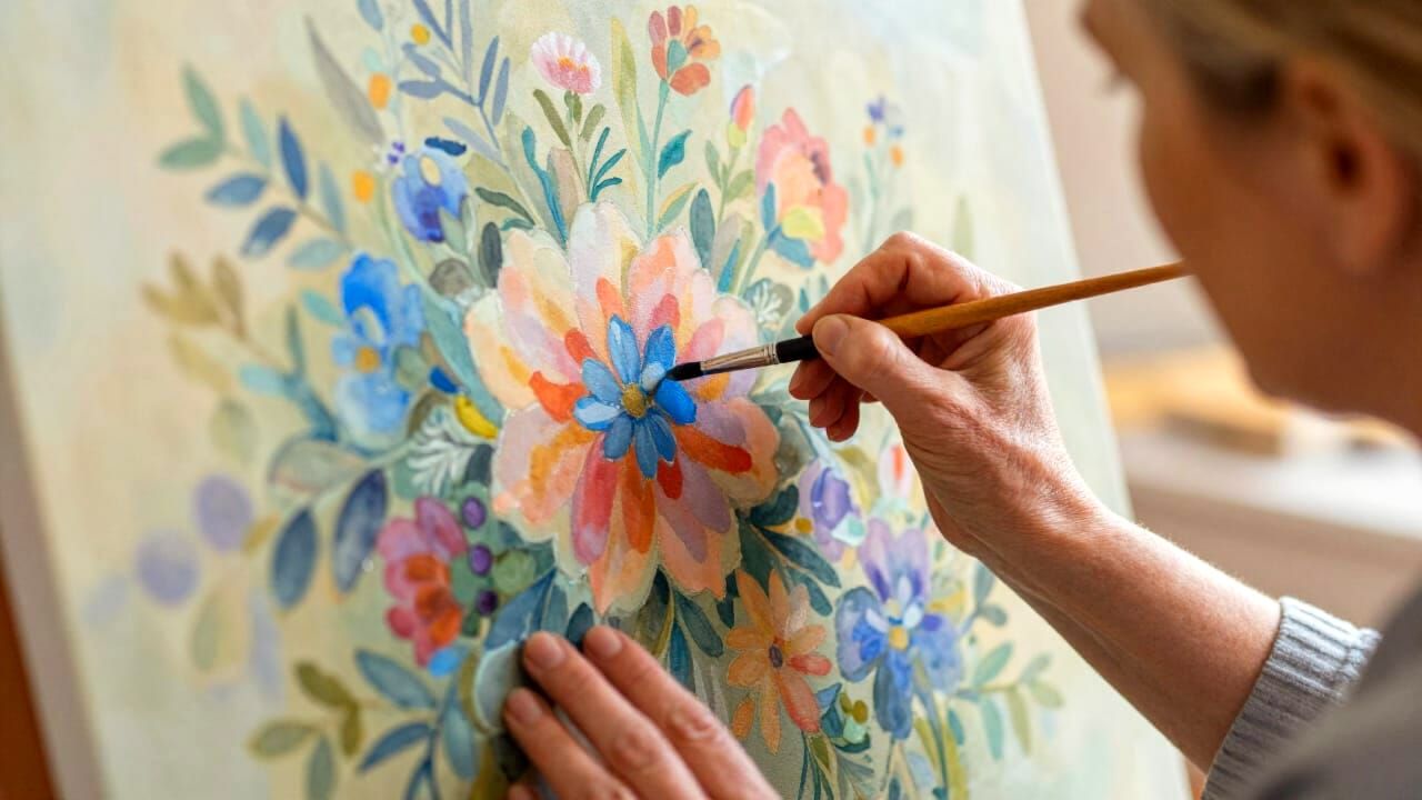 Woman Painting Flowers in Watercolor Style