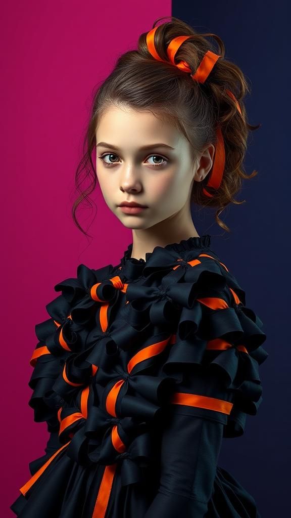 Girl in Ribbon Dress: Hyperrealistic Impasto Digital Art