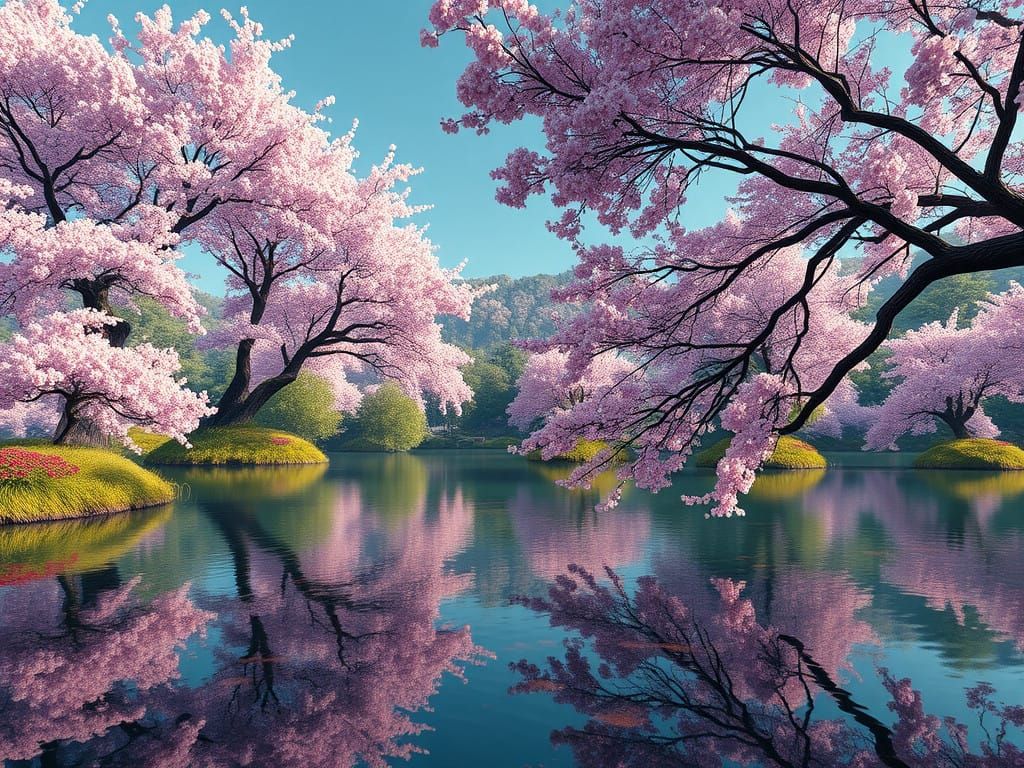 Cherry Blossom Serenity in a Fantastical Lake Scene