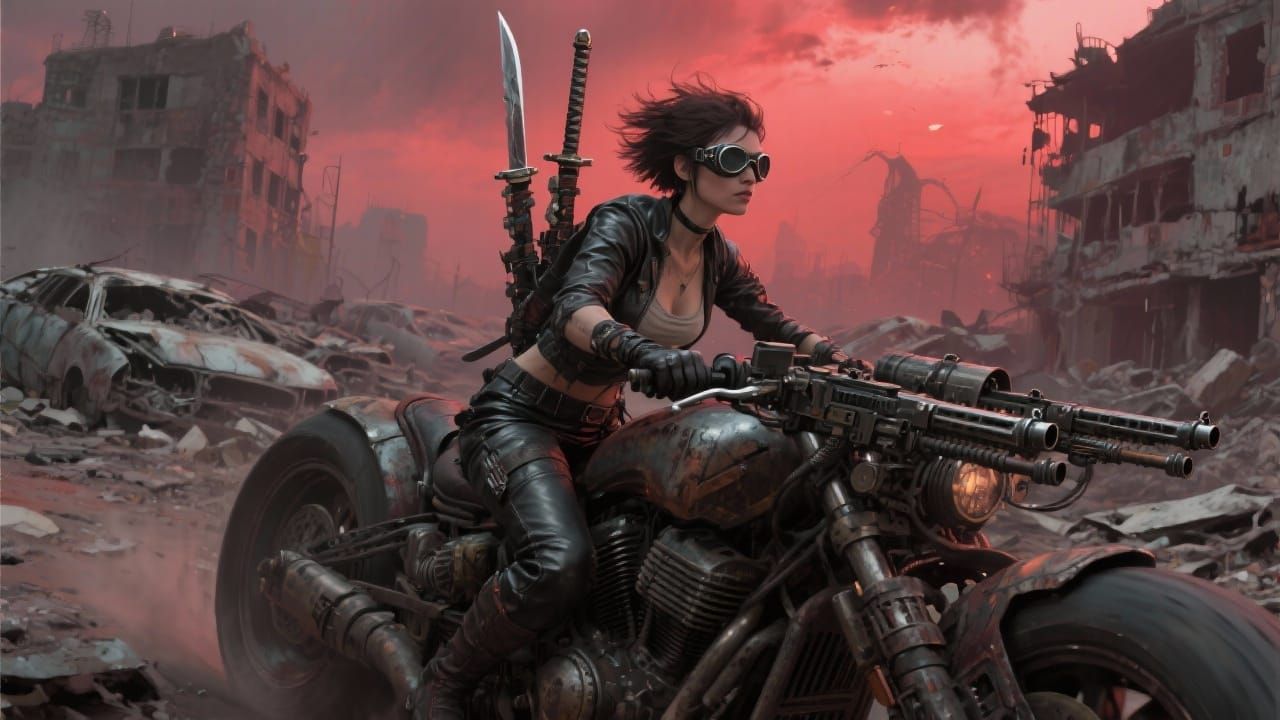 Post-Apocalyptic Warrior Woman on Motorcycle