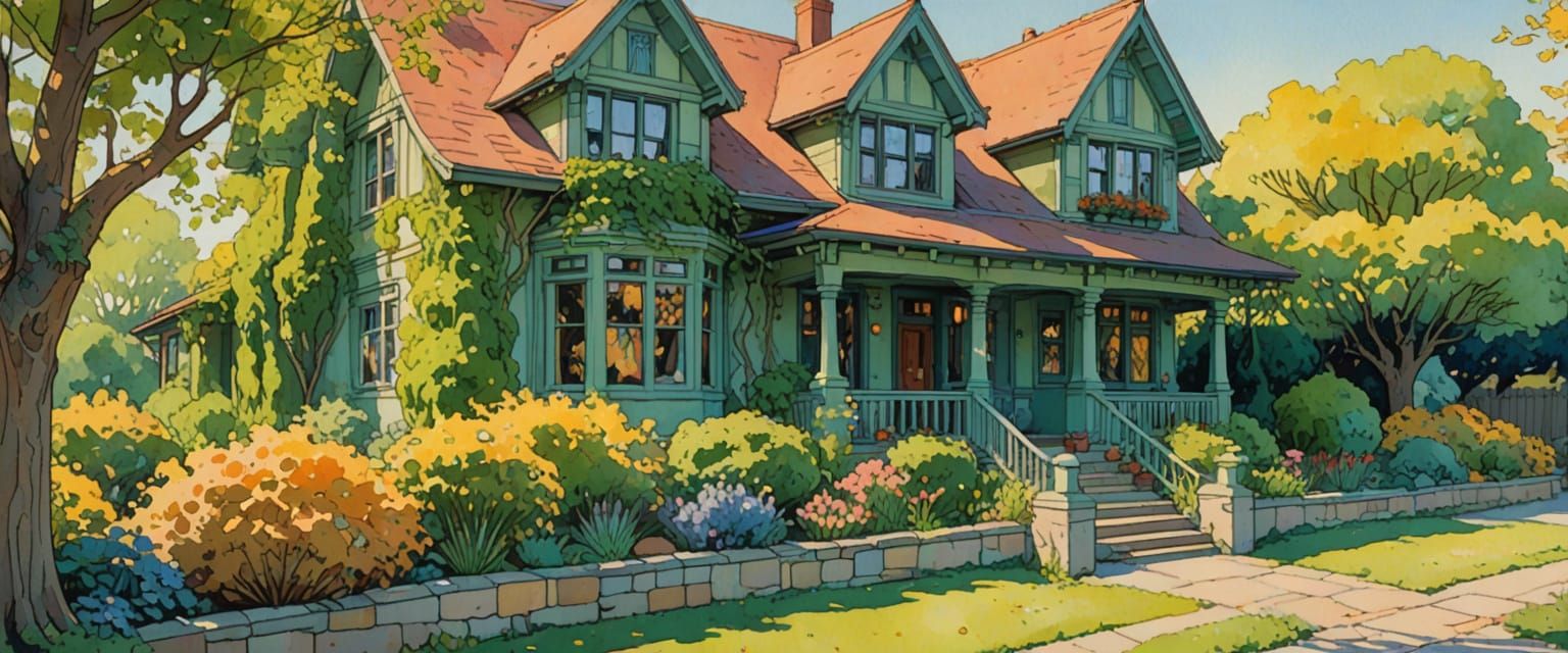 Edwardian House in Comic Book Style Watercolor Gouache