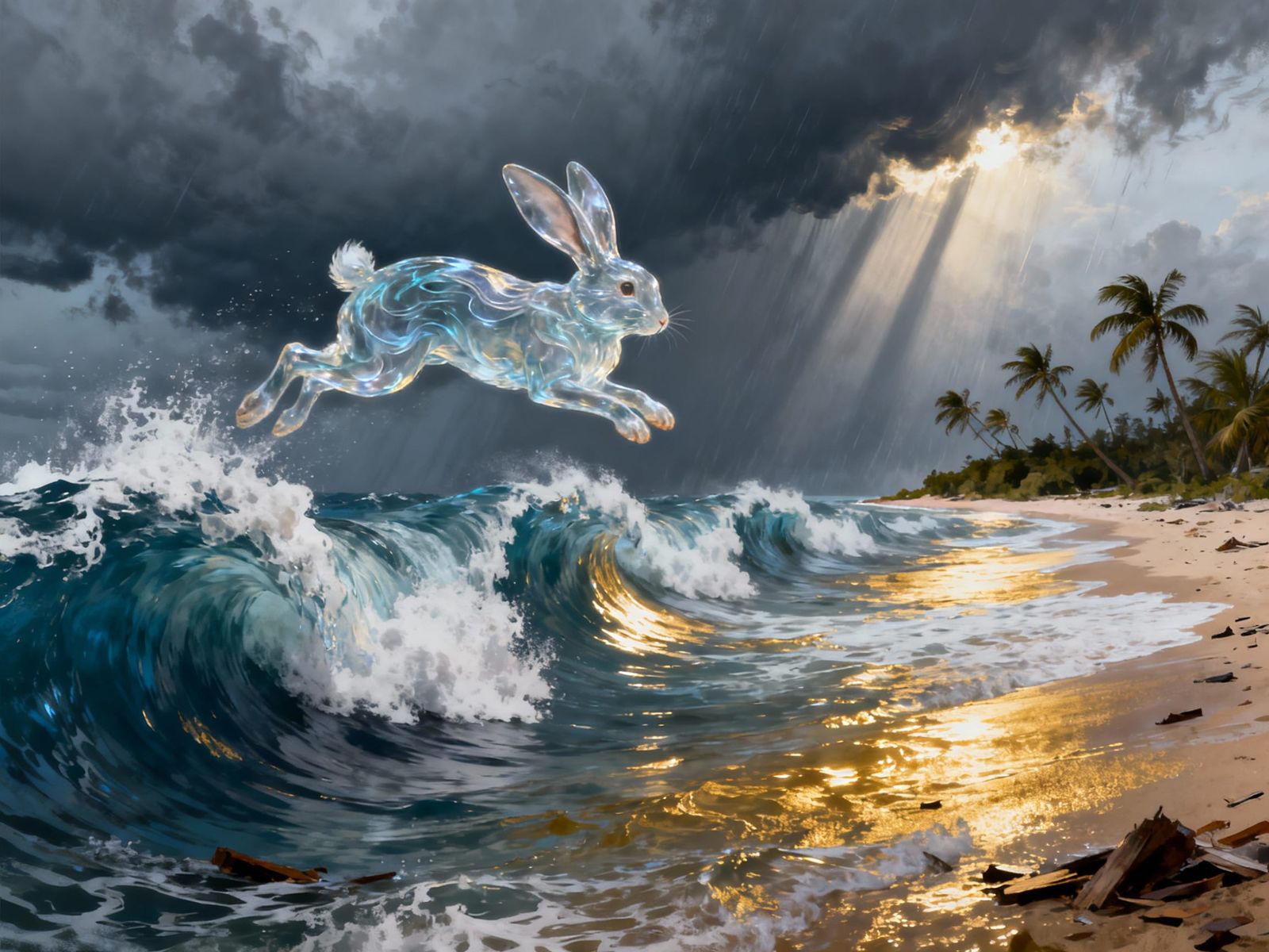 Water Rabbit Leaps Across Tsunami Waves Towards Island