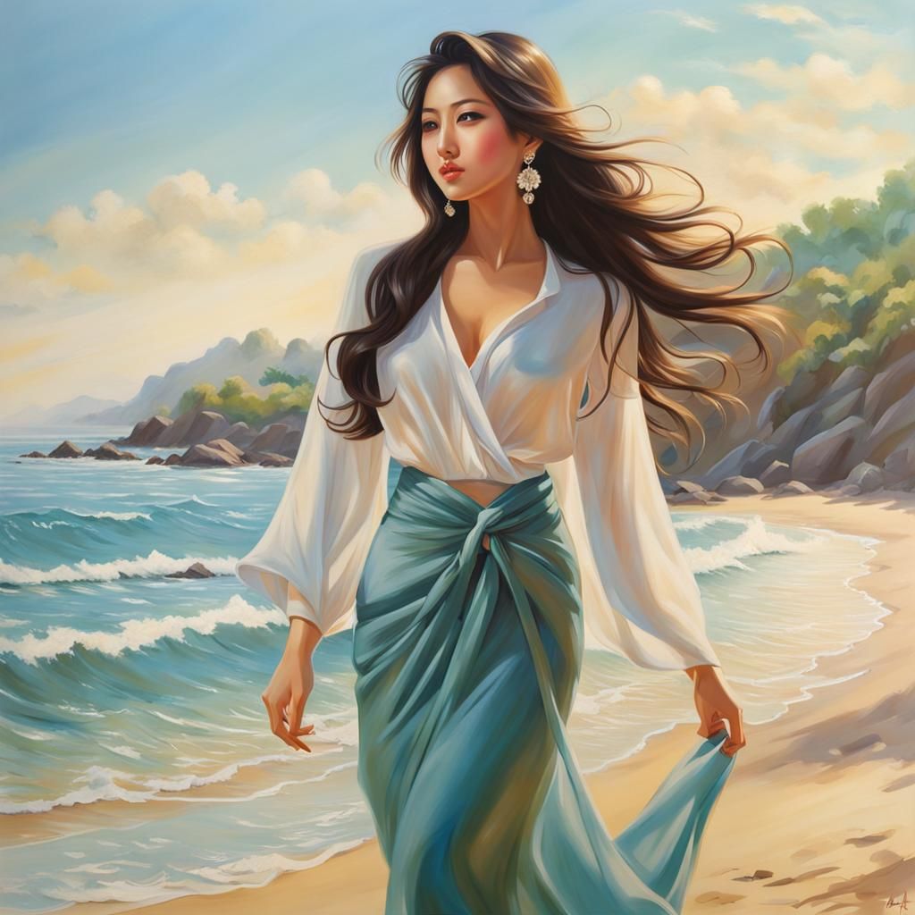 Orientalist Airbrush: Woman Walking on Sunny Shore