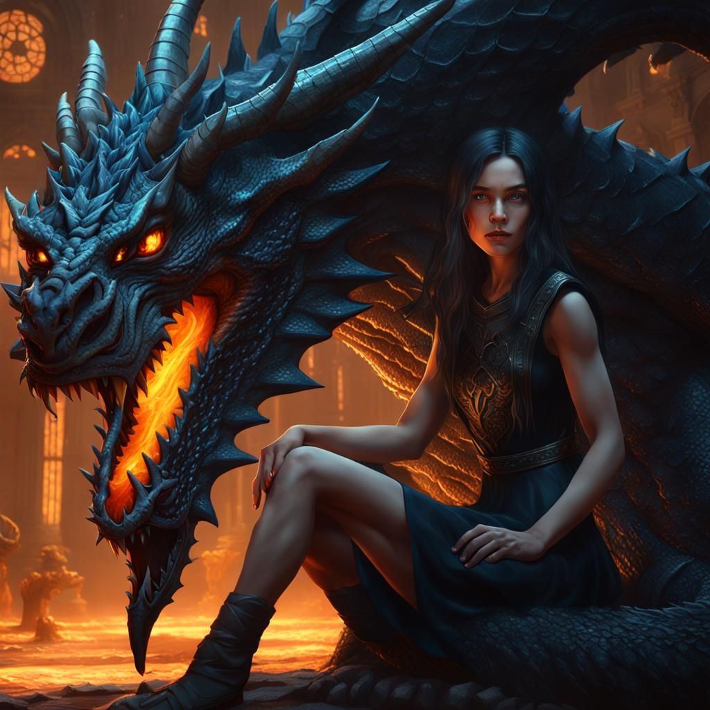 Girl Petting Dragon in Hyperdetailed Dark Fantasy Art