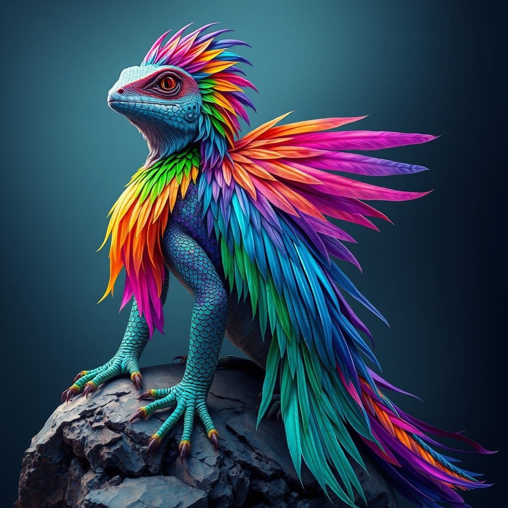 Rainbow-Hued Lizard-Bird Goddess in Vibrant, Polychromatic S...