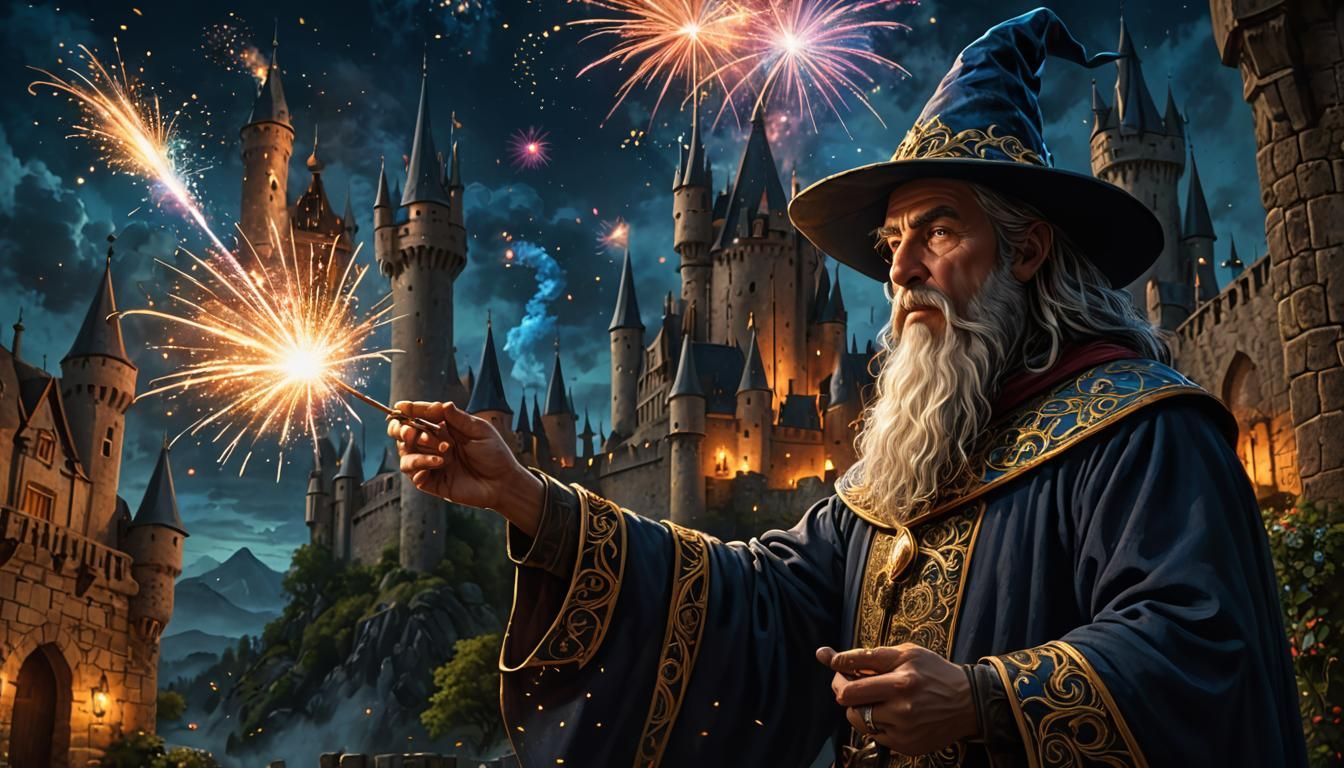Wizard Creates Fireworks at Medieval Castle, Hyperrealistic ...