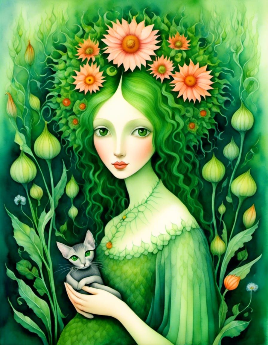 Flower Nymph in Surreal Garden, Watercolor Style