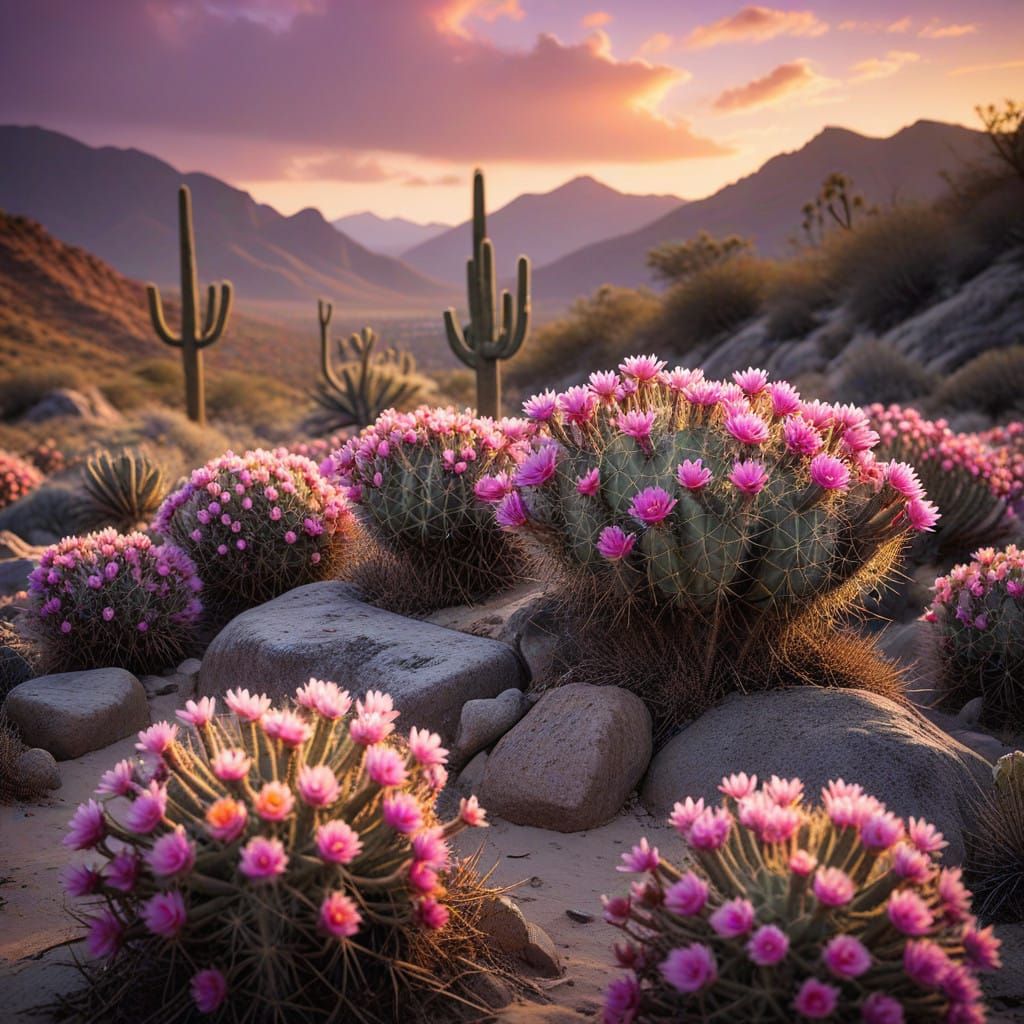 Serene Cacti Valley in Golden Sunset Light