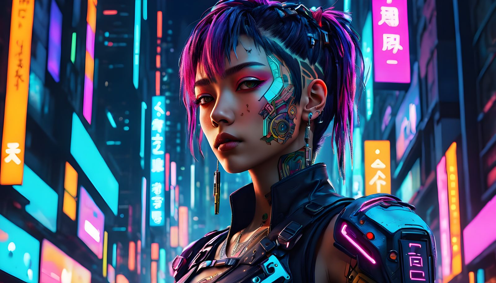Cyberpunk Anime Woman with Neon Silhouette and Tattoo