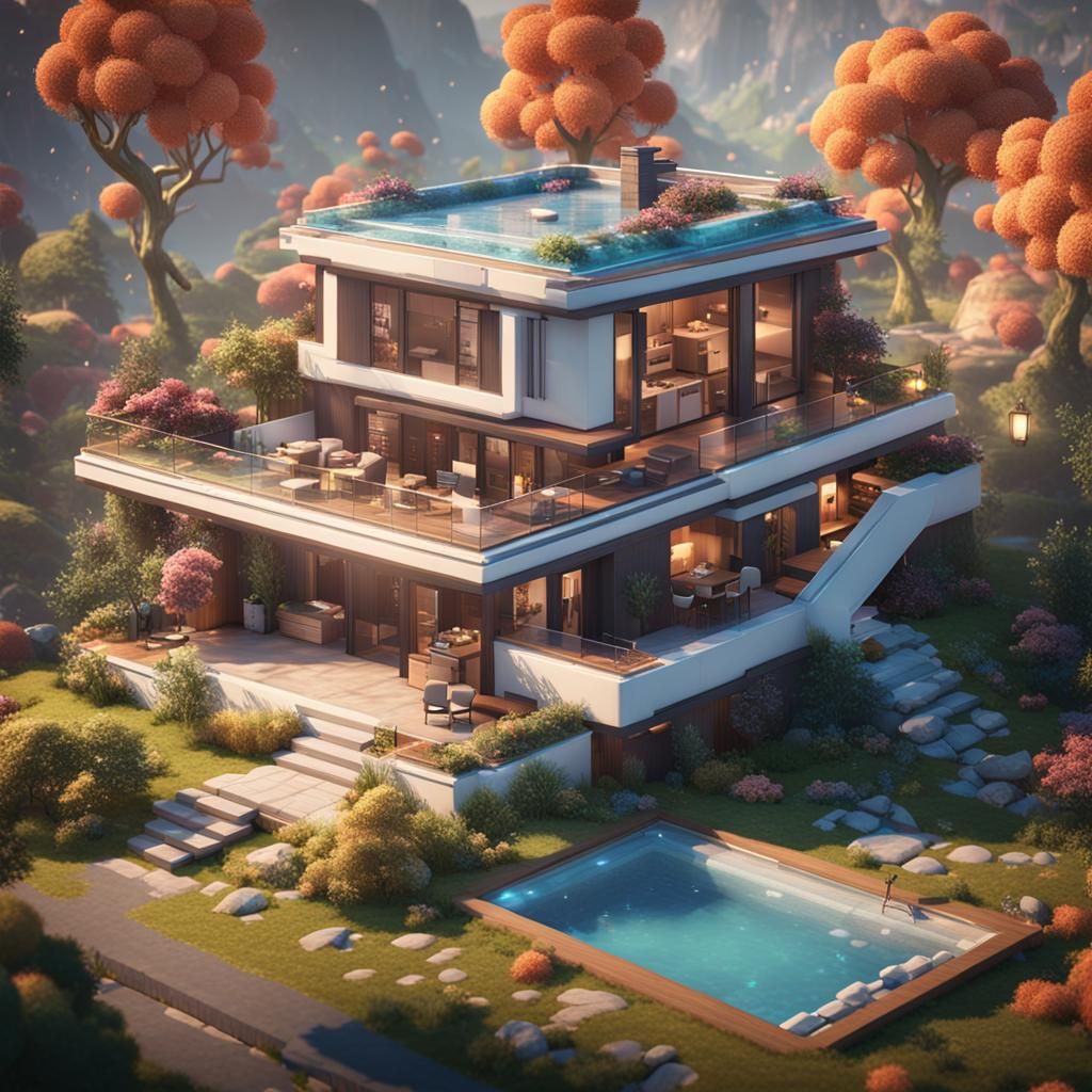 Cute Modern Dream House Rendered in 3D