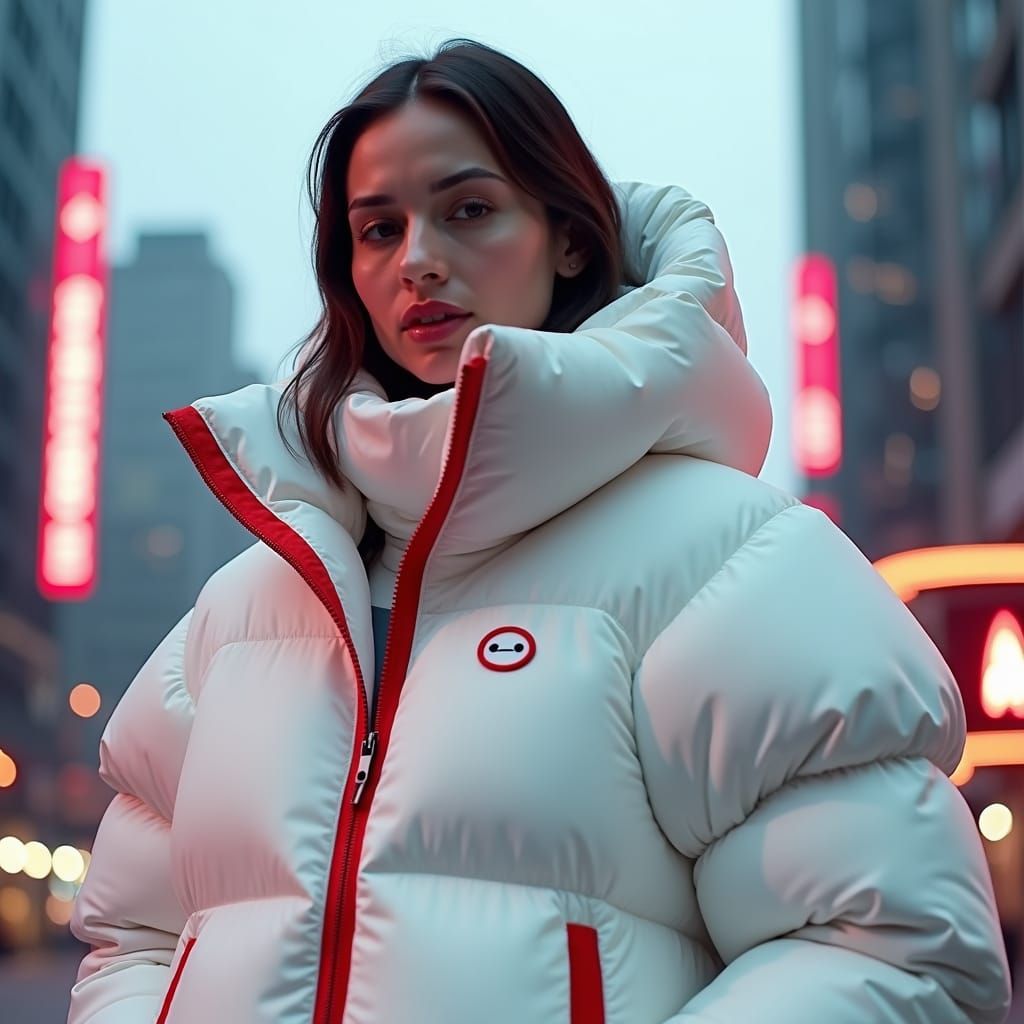 Baymax Puffer Jacket in Futuristic Cityscape, High-Fashion P...