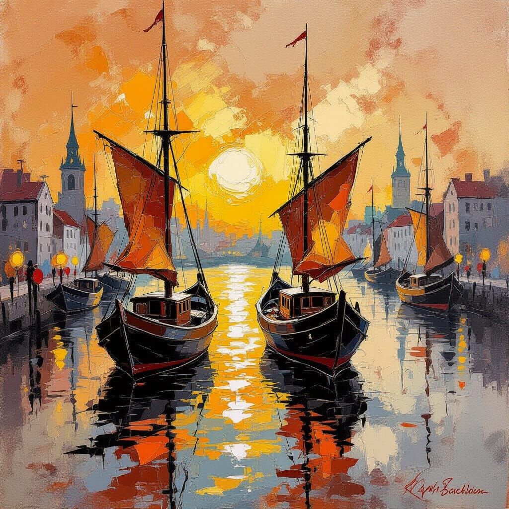 Surreal Autumn Harbor with Ships and Lotuses