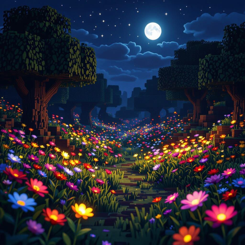 Minecraft Night Biome with Flowers, Digital Art