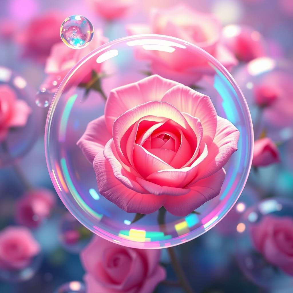 Iridescent Bubbles with Roses in Anime Style