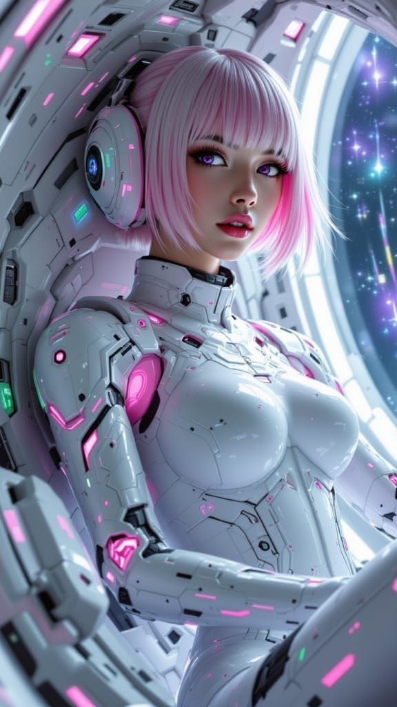 Ethereal Woman in Futuristic Space Suit Among Stars