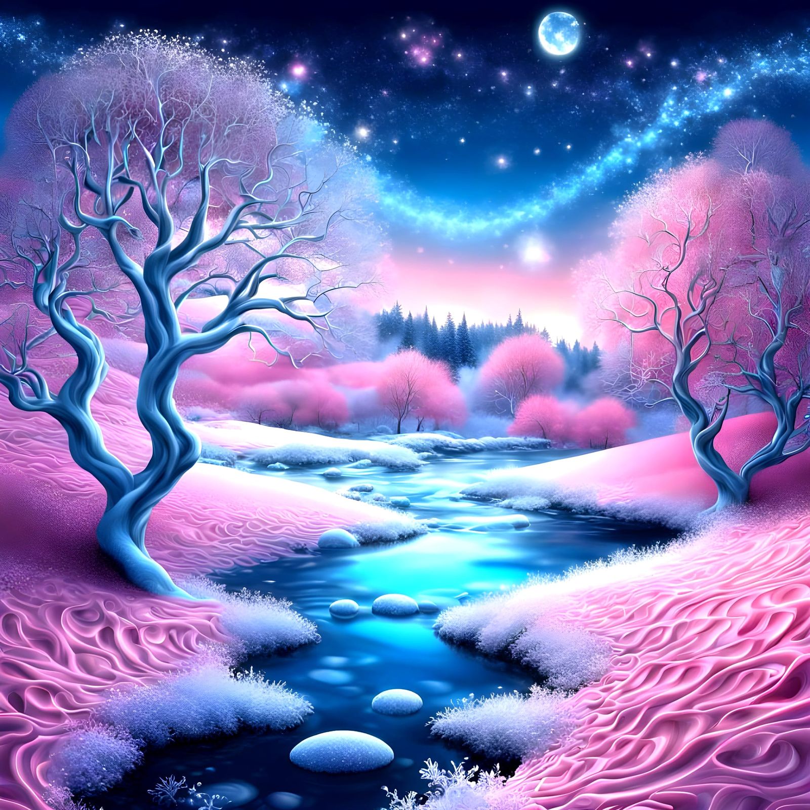 Cosmic Winter Wonderland in Vibrant Pink and Blue