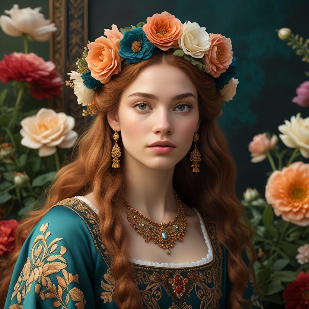 Young Woman in Floral Dress and Crown Portrait