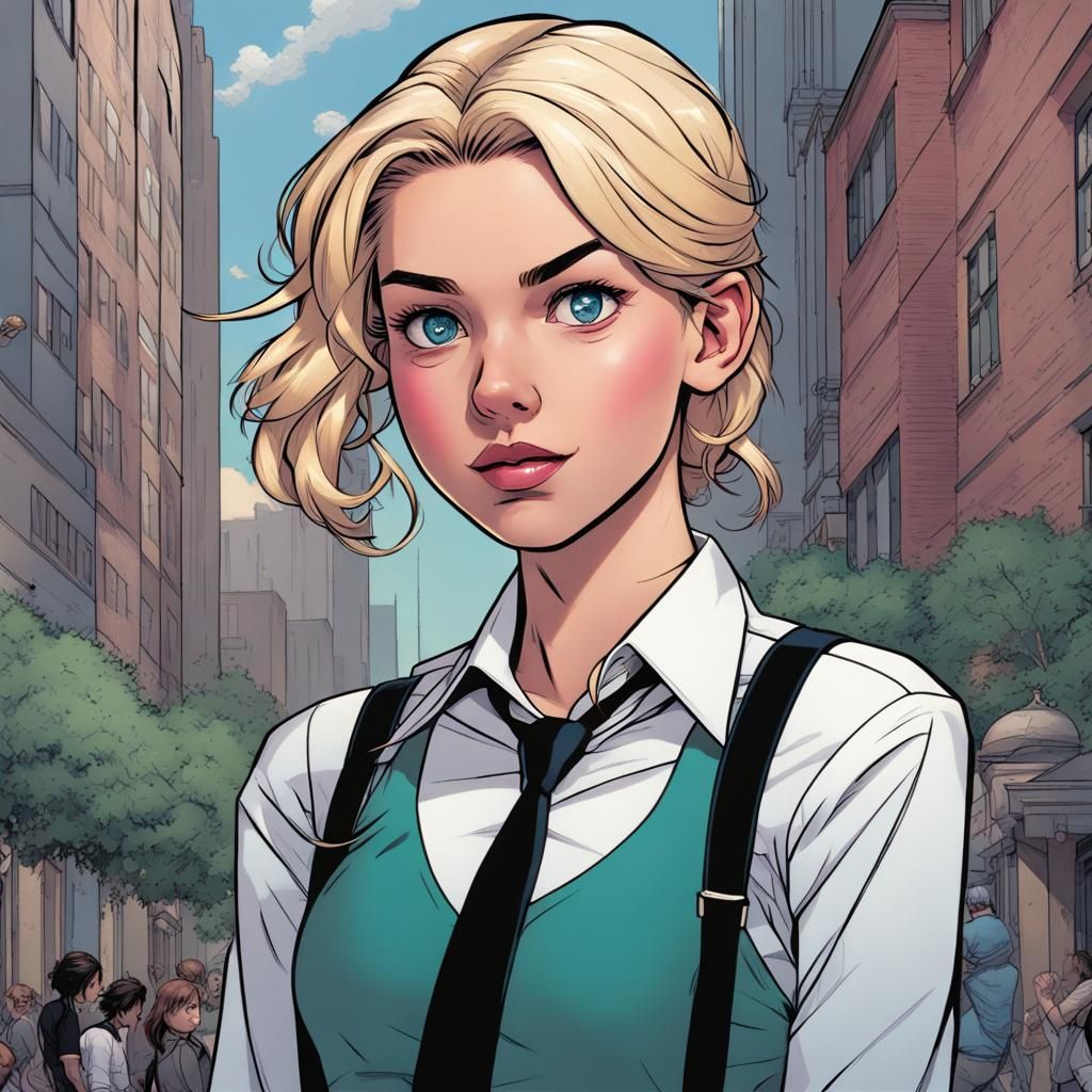 Blonde Girl in Spiderman Pose: Comic Book Art