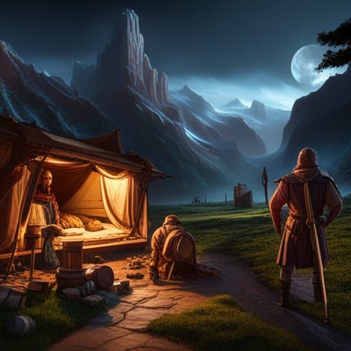 Wagon Caravan Night Camp in Dark Fantasy Style
