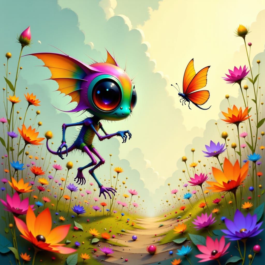 Iridescent Alien Chasing Butterfly, Dreamlike Art