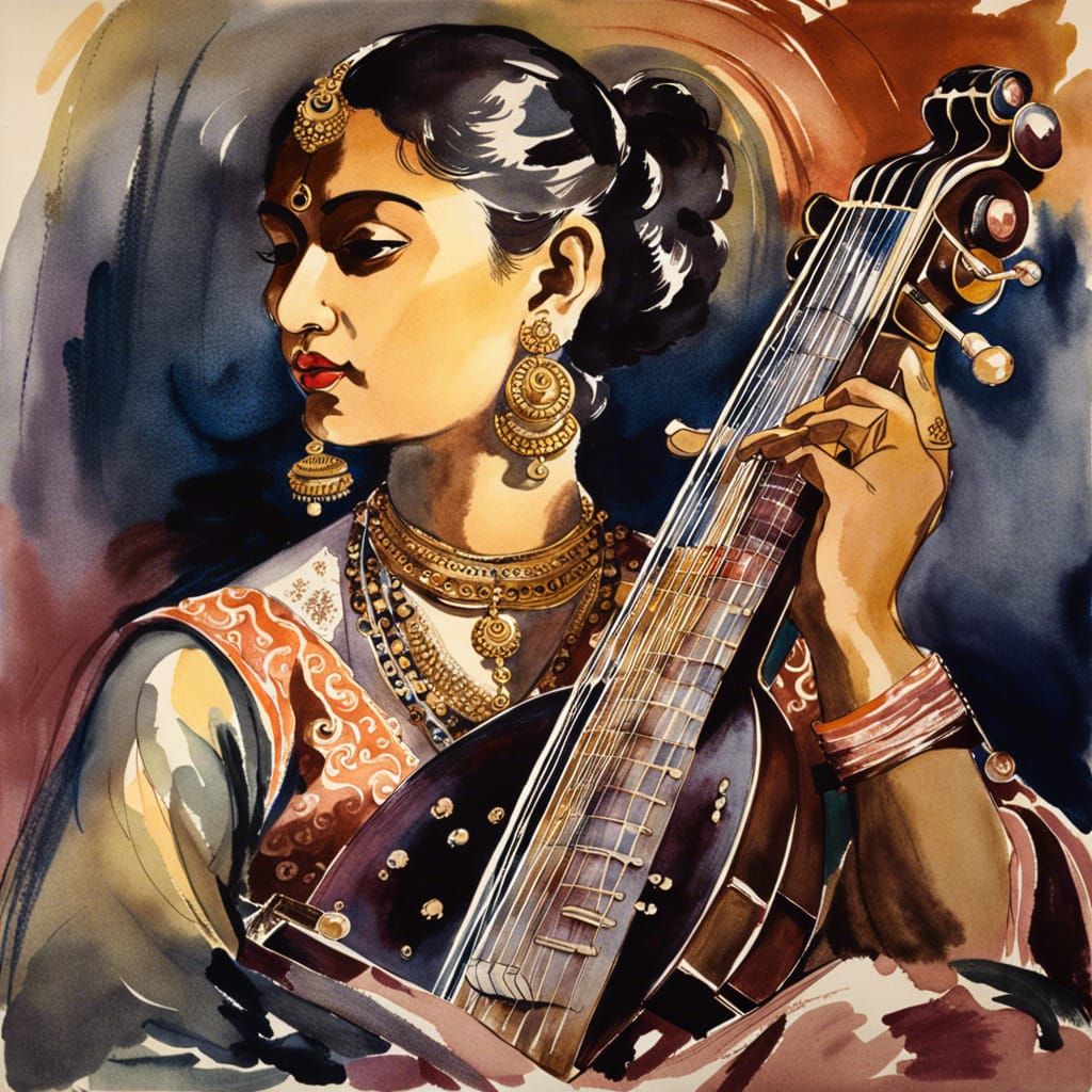 Atmospheric Sitar Player in Ink Wash Style