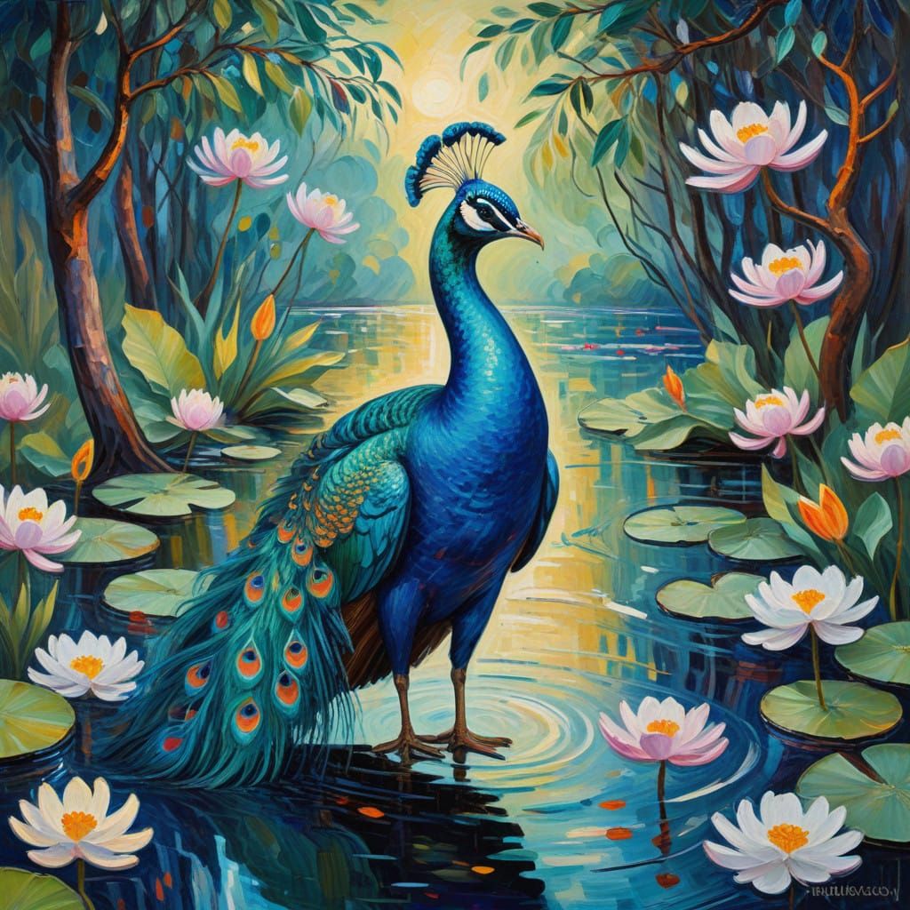 Colorful Peacock on Florid Branch above Serene Pond with Koi...