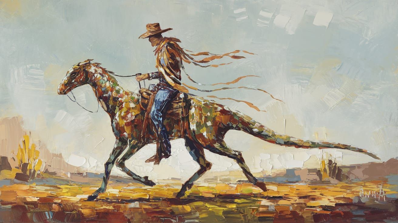 Alien Cowboy Rides Reptile Steed in Autumnal Western