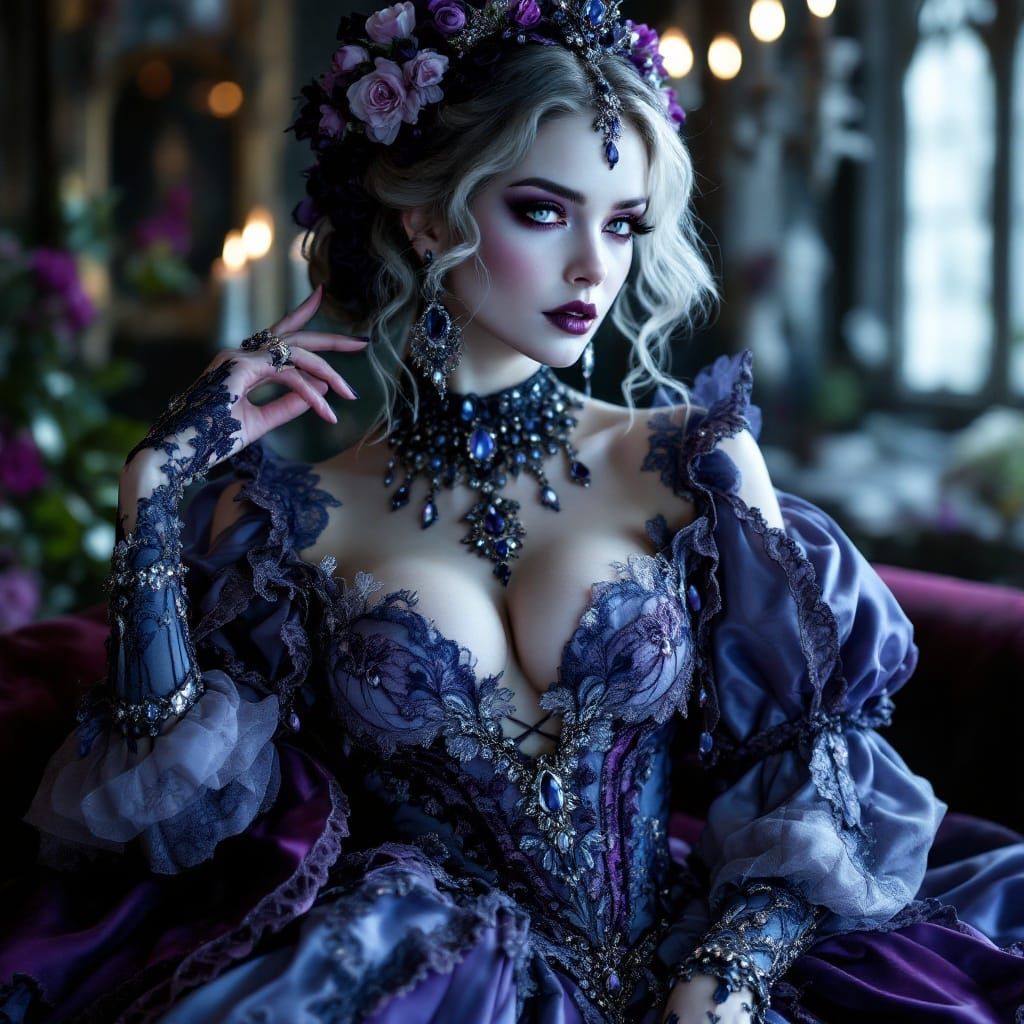 Ethereal Gothic Bride in Lavish Blue and Purple Attire