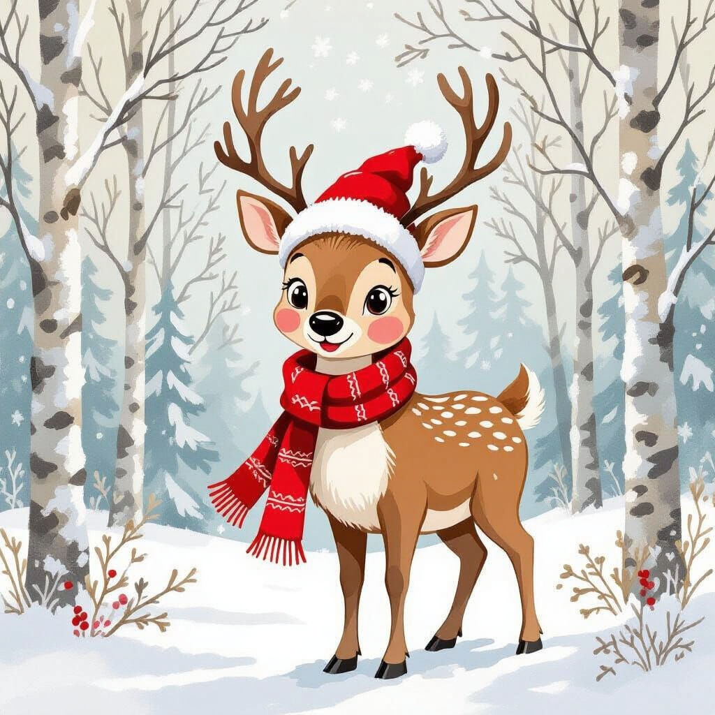 Christmas Reindeer in Snowy Forest, Watercolor Style