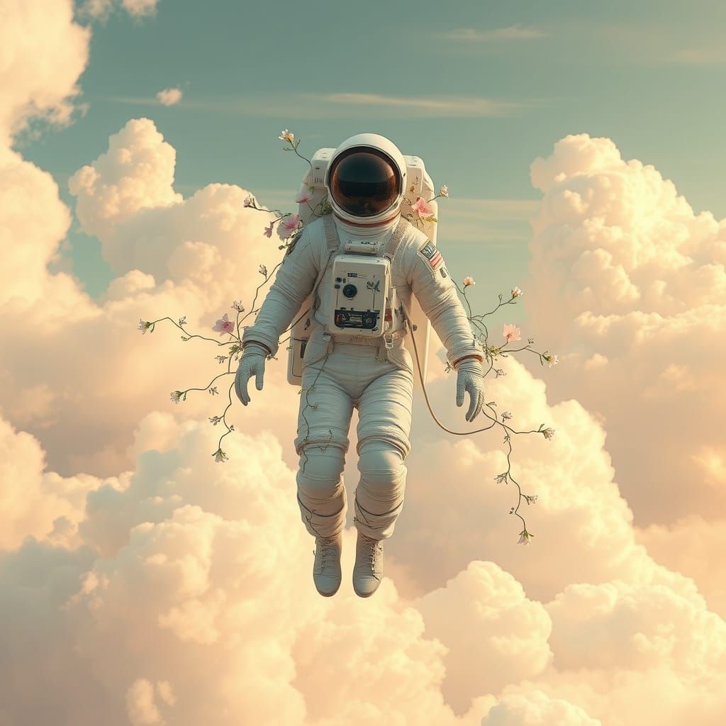 Surreal Astronaut Drifts Among Pastel Clouds