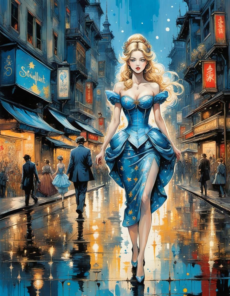 Cinderella in Starry City: Whimsical Fantasy Illustration