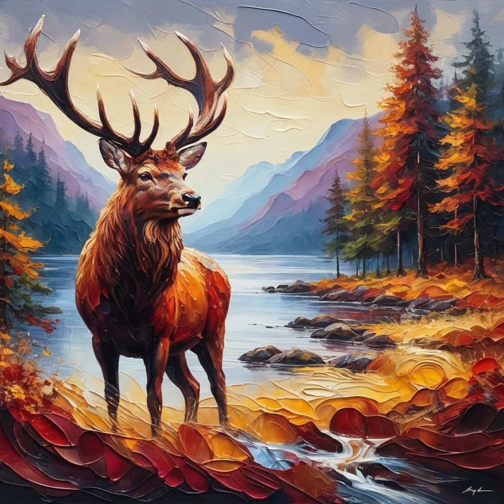 Majestic Red Deer Stag Impasto Painting
