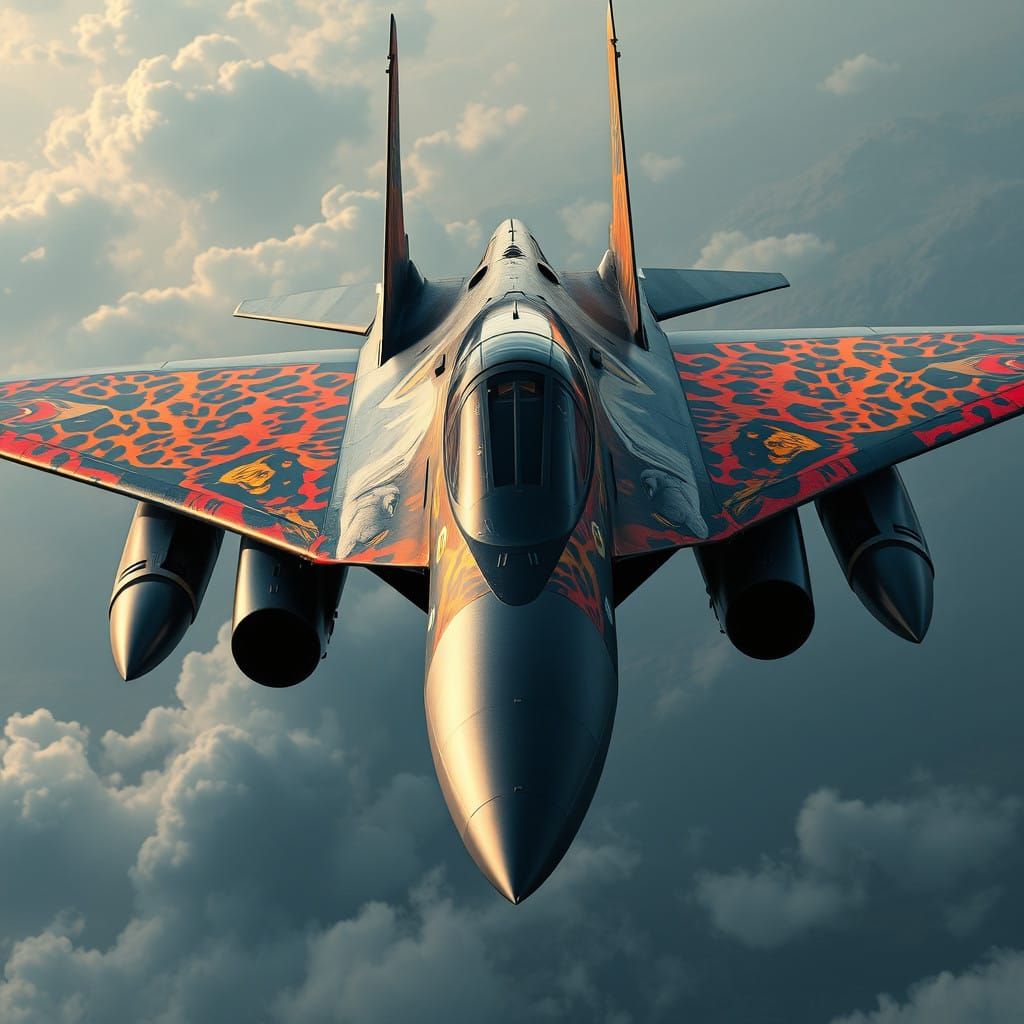 Fantastical Fighter Plane with Regal Lion Motif and Leopard...